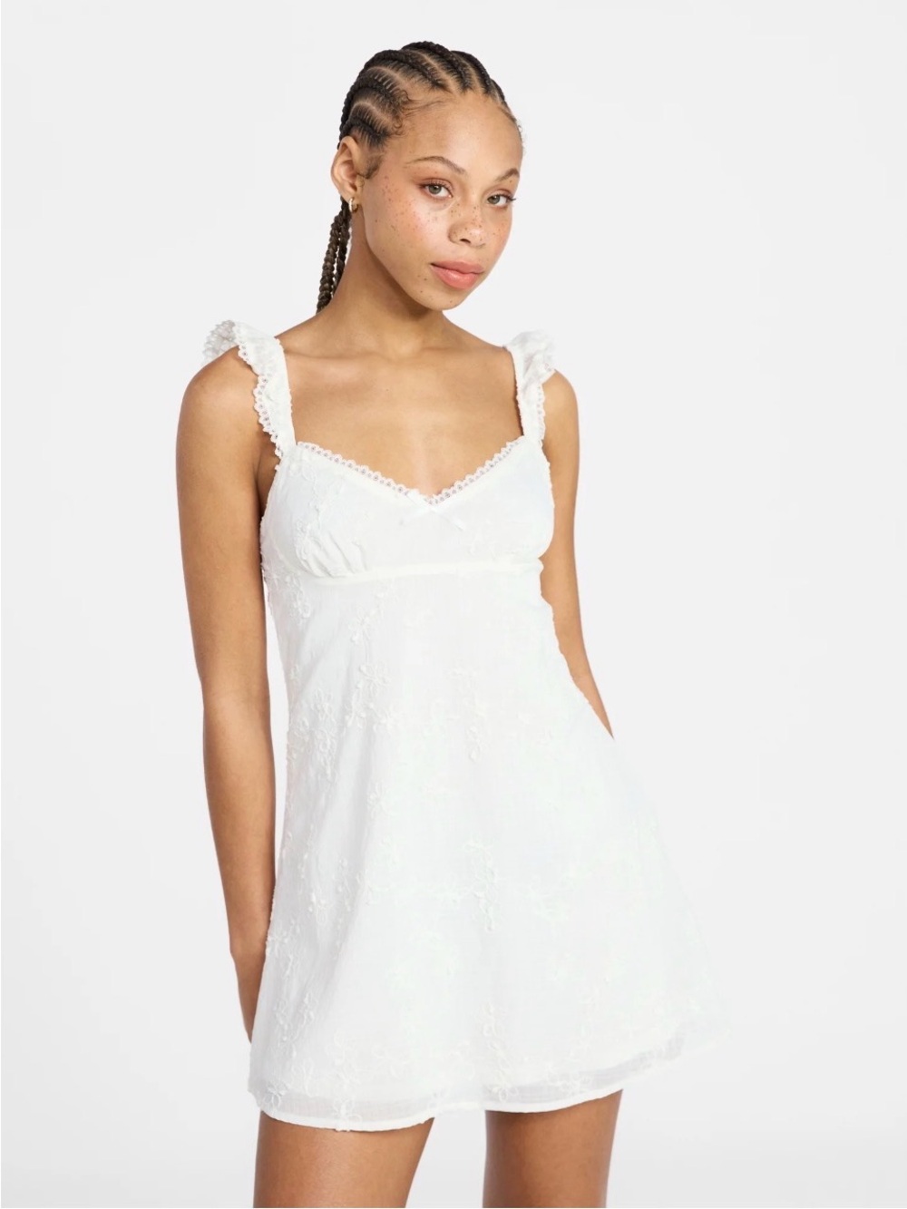 No Boundaries Winter White Sweetheart Neckline Elastic Ruffle Strap Mini Dress